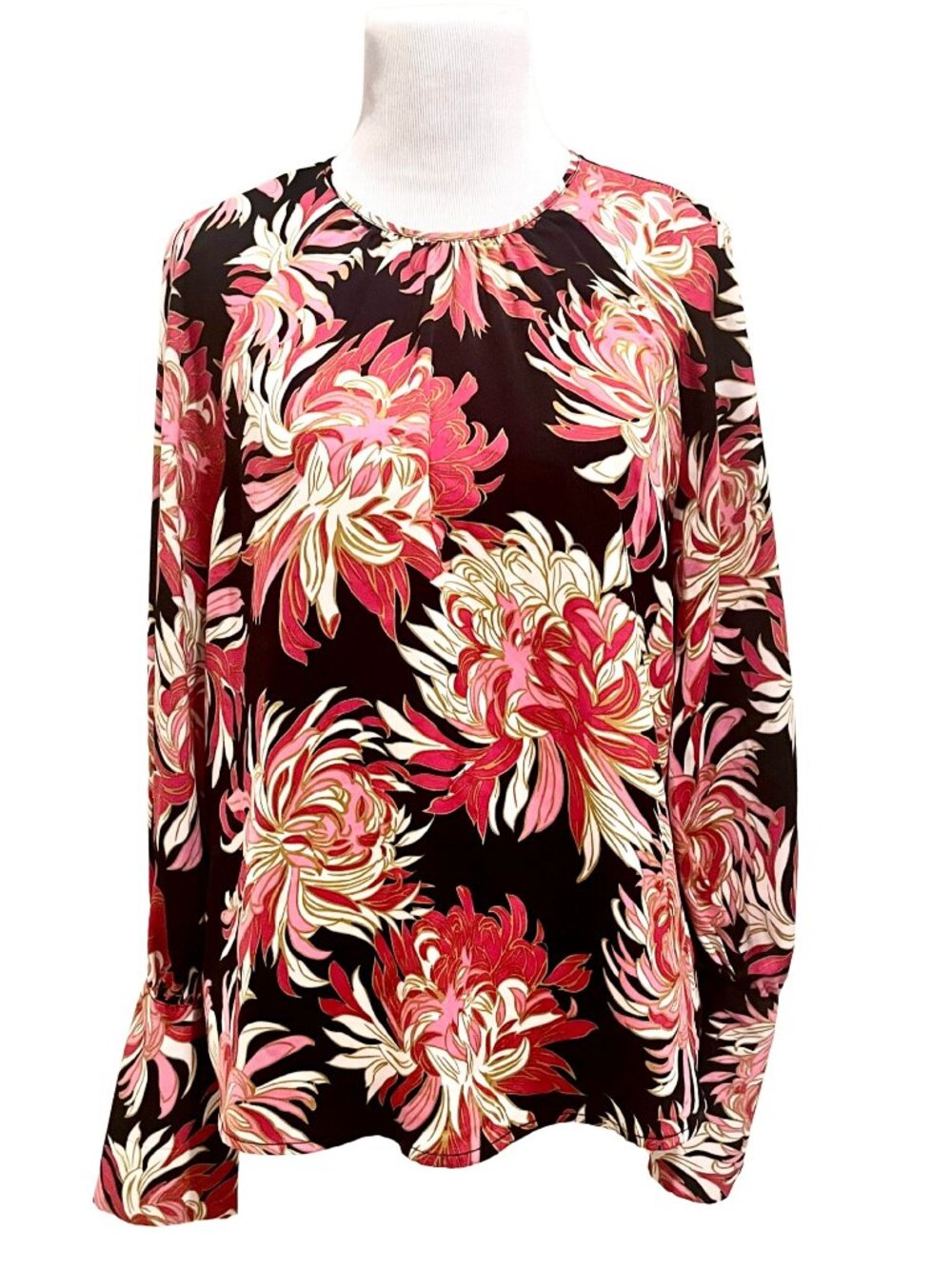 Vibrant Black Red Large Format Floral Satiny Blouse Balloon Sleeve